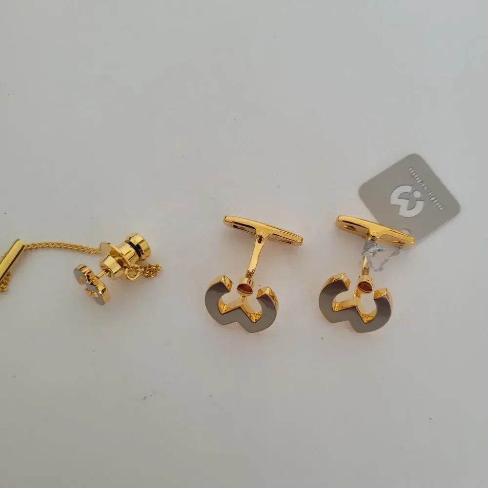 Mila Schon M Logo‎ Tie Pin Tack Clip Cufflinks Set Gold Silver Tone Designer New